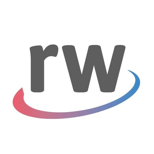 Logo with lowercase 'rw' and a curved arrow in red, purple, and blue colors