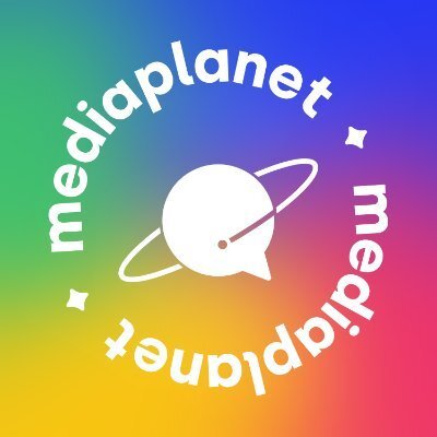 Colorful background with the text 'mediaplanet' curving around a stylized white planet with a ring and a small flag, emphasizing a space or global theme.