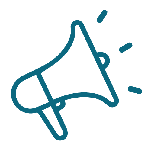 Line drawing of a megaphone with sound lines indicating loud noise.