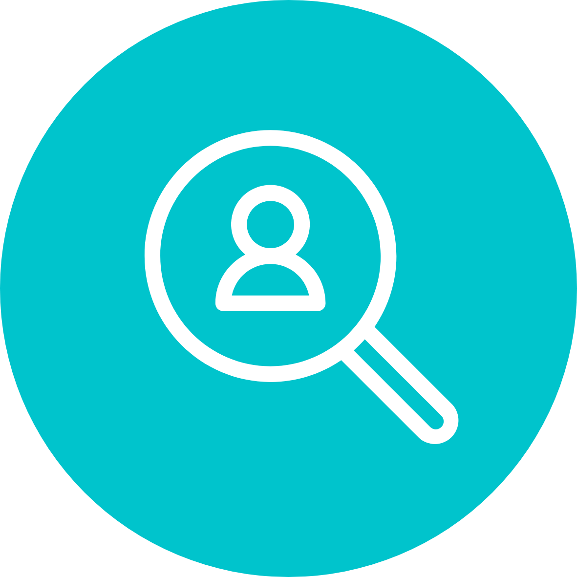 Icon of a magnifying glass with a person inside, representing search or research.