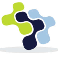 Abstract logo with interconnected shapes in green, navy, and light blue colors.