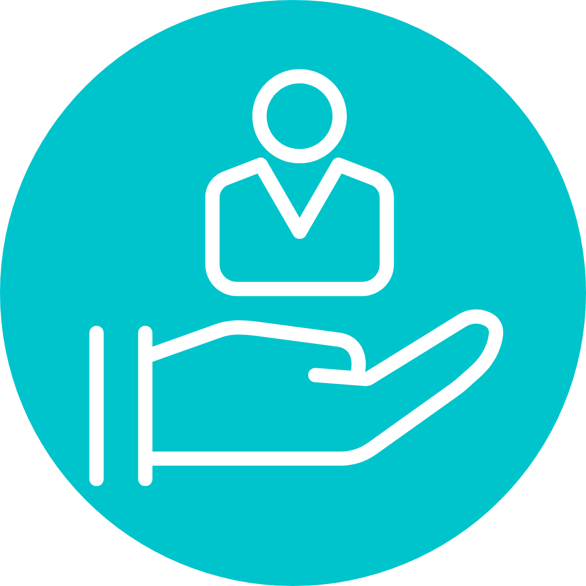 Outline of a hand holding a person icon, representing support or assistance.