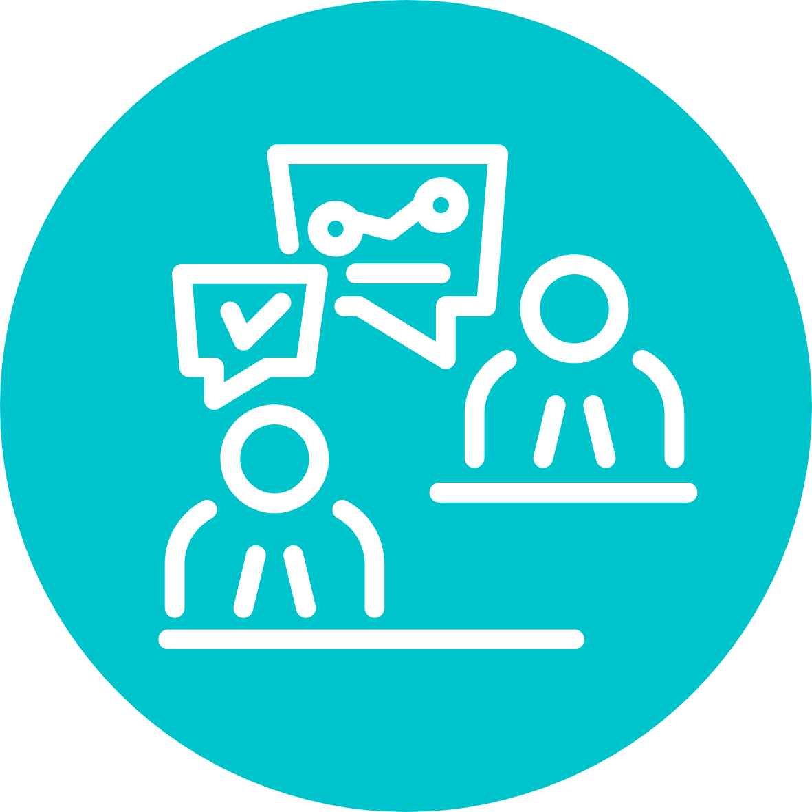 Icon of two people having a discussion, with speech bubbles containing checkmarks and graphs.