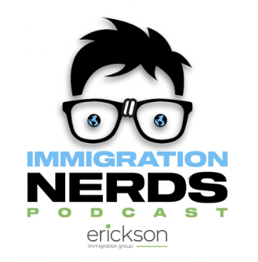 Logo for Immigration Nerds Podcast with cartoon person wearing glasses, text in blue, black, and green.