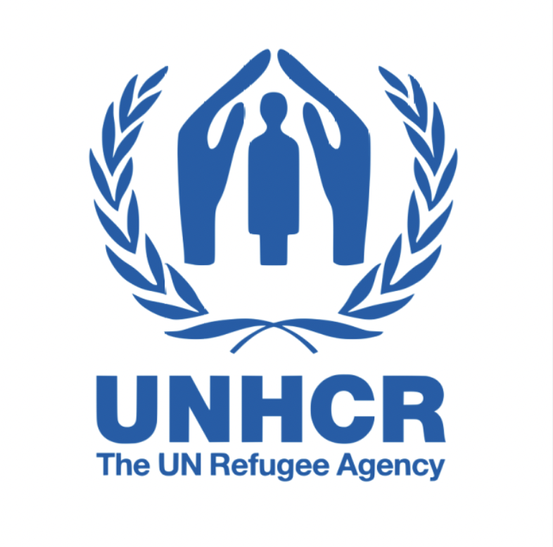 UNHCR logo with a stylized human figure surrounded by laurel branches, and the text "UNHCR The UN Refugee Agency" underneath.
