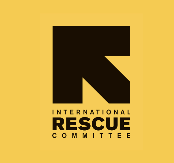 Yellow background with a large black letter 'R' and the words 'International Rescue Committee' below in black text.