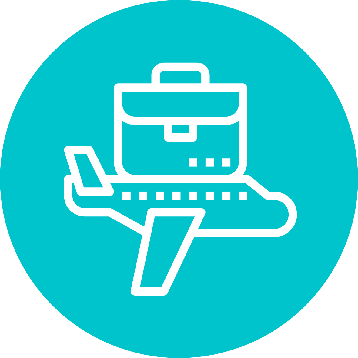 Icon of an airplane with a briefcase on top of it, inside a blue circle.