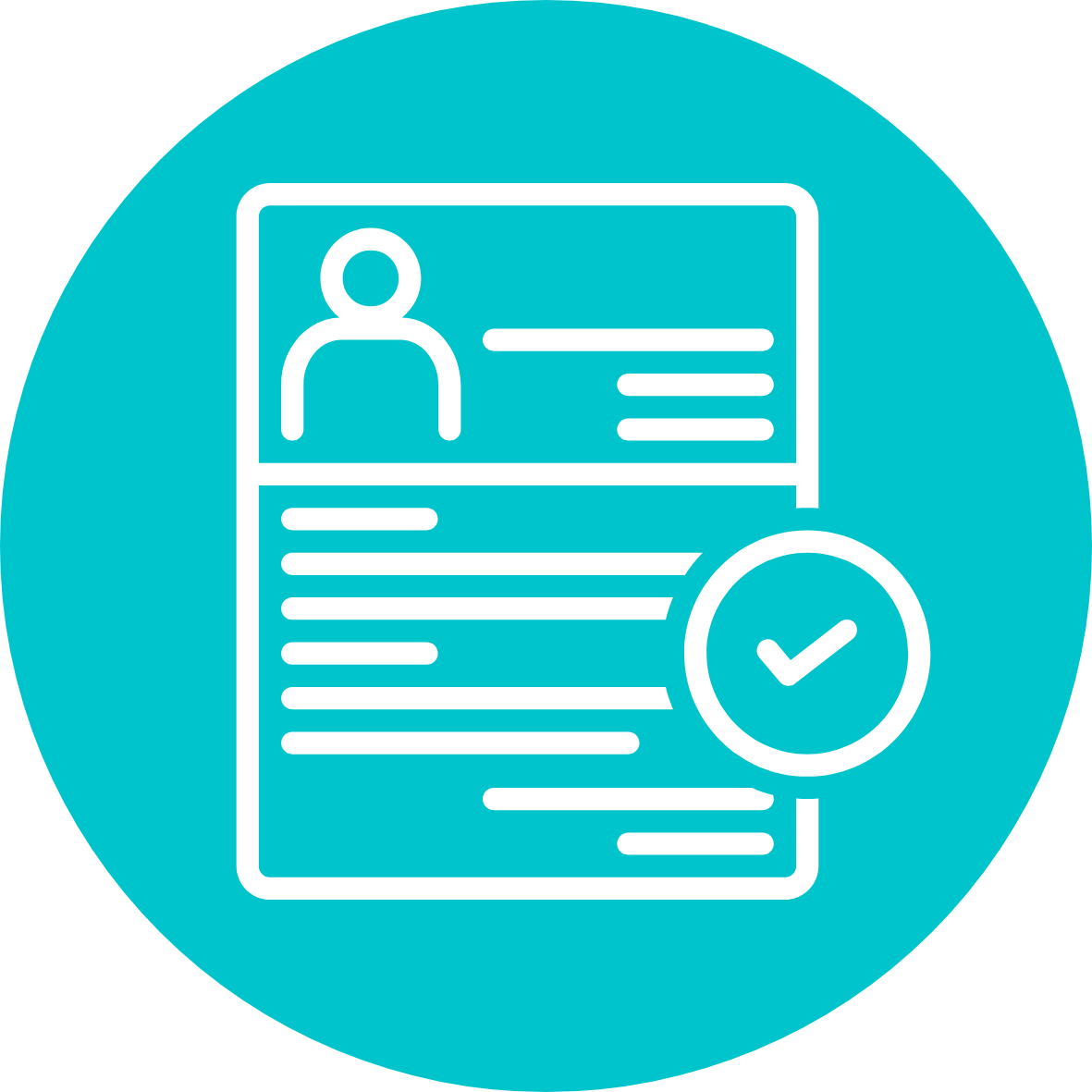 Icon of a resume or identification card with a profile picture and lines of text, with a checkmark symbol indicating approval or verification.